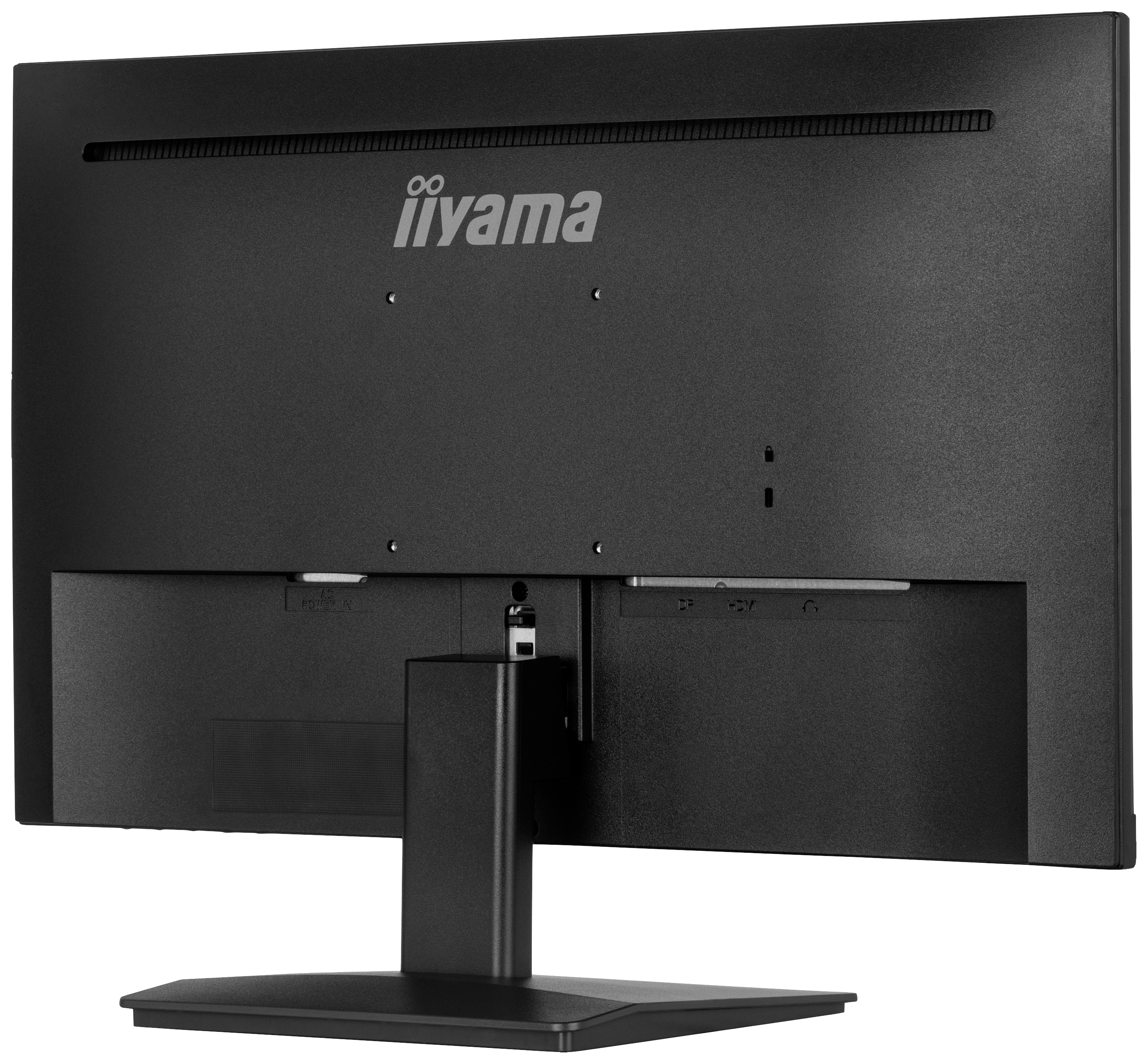 Un écran d'ordinateur noir de la marque Iiyama, montré de dos, placé sur un bureau avec son pied de support.