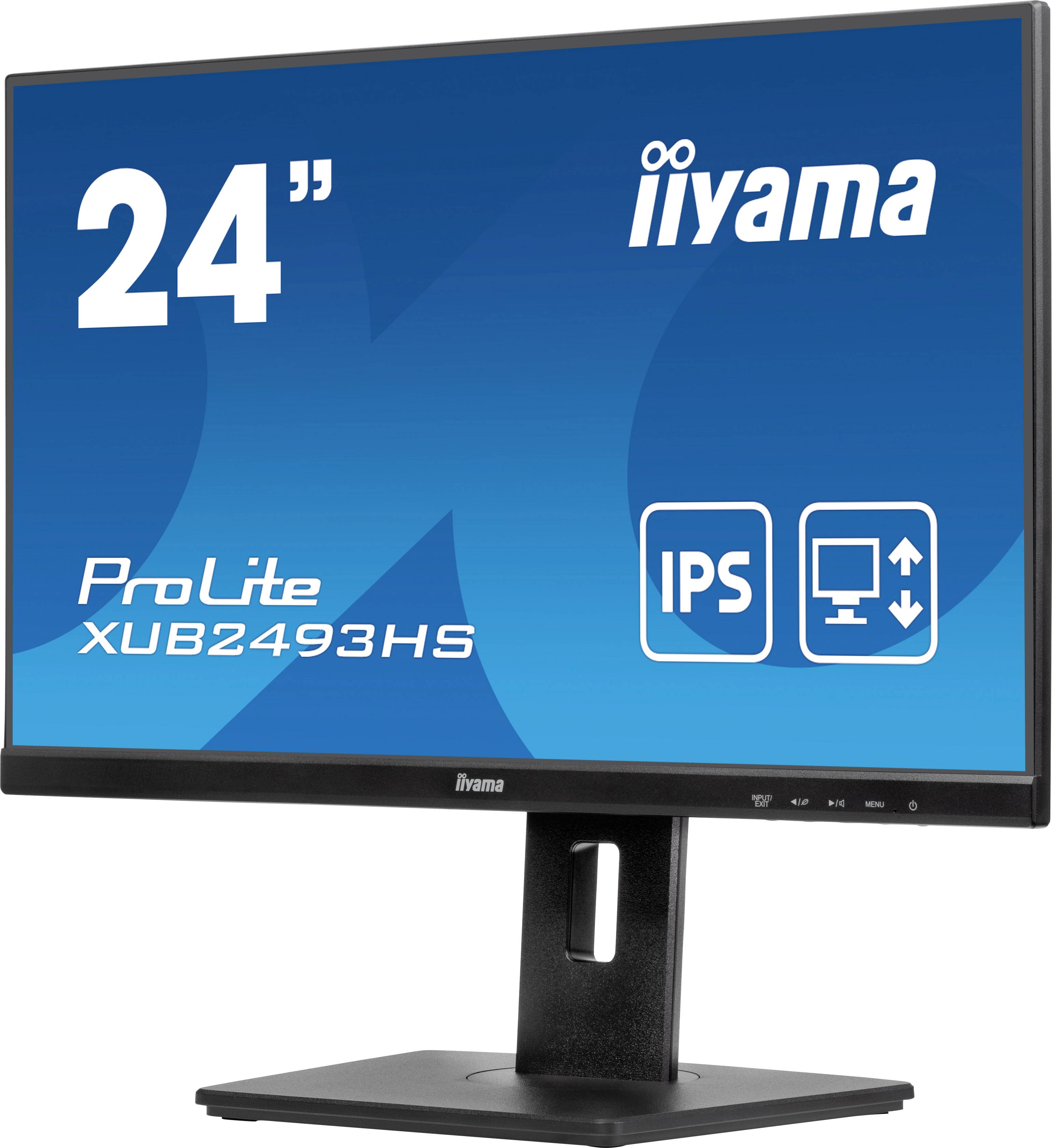 Un moniteur iiyama de 24 pouces, modèle XUB2493HS, avec un panneau IPS et un pied réglable en hauteur.