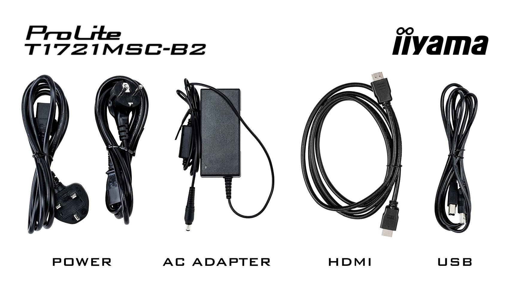 Accessoires 'ProLite T1721MSC-B2' : câble d'alimentation, adaptateur secteur, câbles HDMI et USB. Logo Iiyama en haut à droite.
