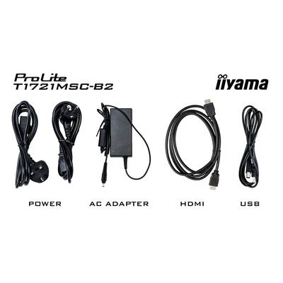 Accessoires 'ProLite T1721MSC-B2' : câble d'alimentation, adaptateur secteur, câbles HDMI et USB. Logo Iiyama en haut à droite.