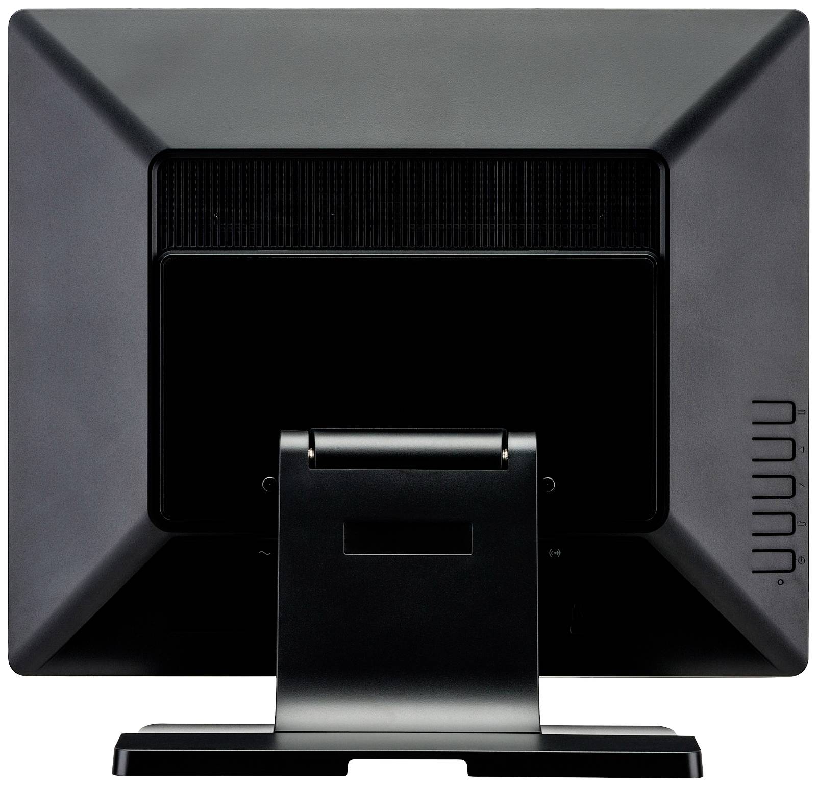 Dos d'un moniteur d'ordinateur avec un boîtier noir, des fentes d'aération visibles et un socle.