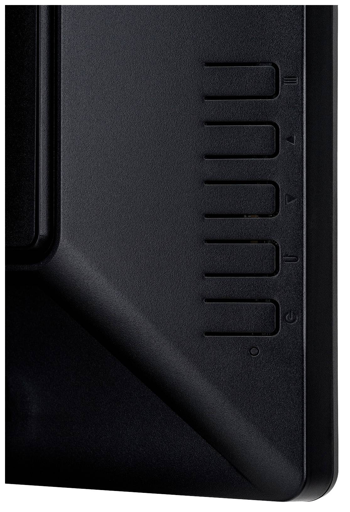 Une partie d'un appareil noir avec plusieurs touches rectangulaires au-dessus du centre.