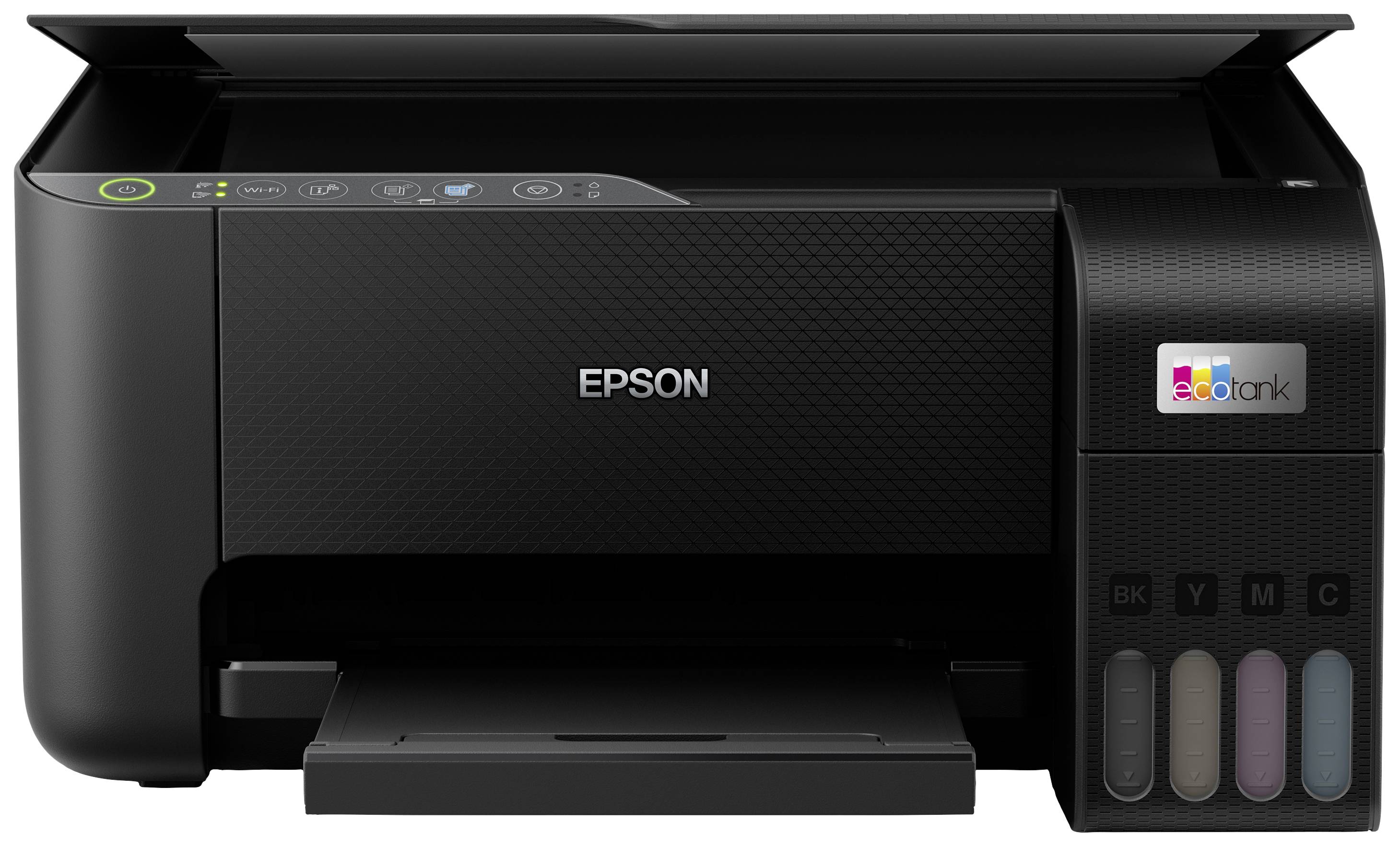 Imprimante Epson noire avec le bac à papier ouvert et le réservoir d'encre visible sur le côté droit.