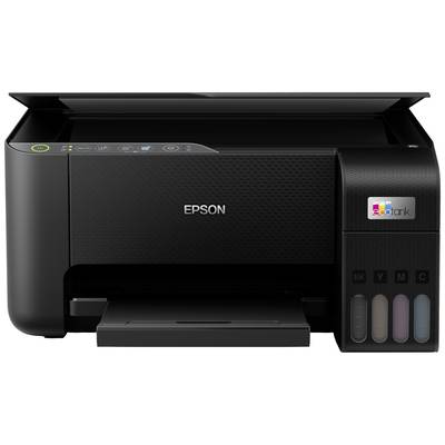 Imprimante Epson noire avec le bac à papier ouvert et le réservoir d'encre visible sur le côté droit.