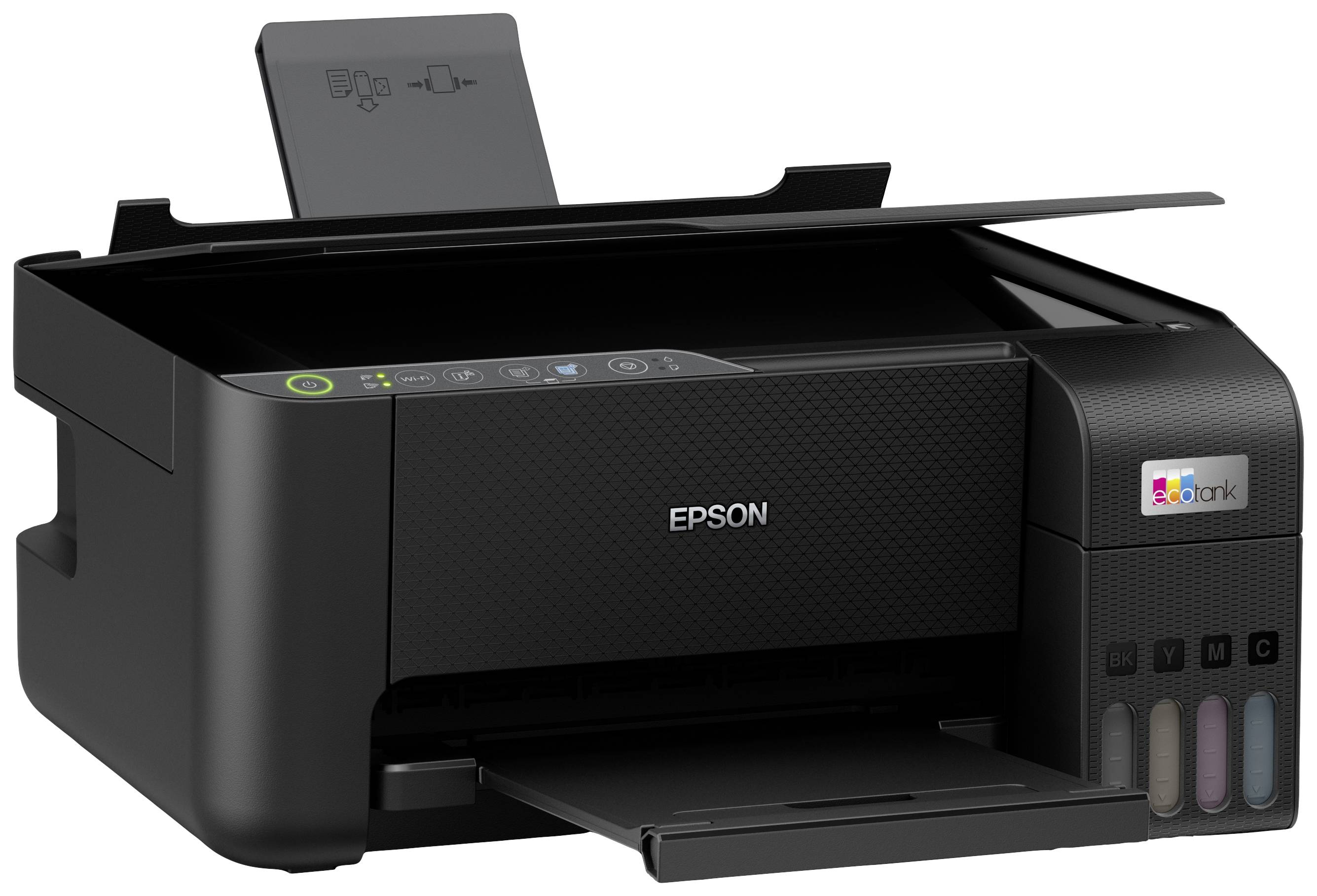 Un imprimante jet d'encre noir Epson avec le bac à papier ouvert en haut et des réservoirs d'encre sur le côté droit.