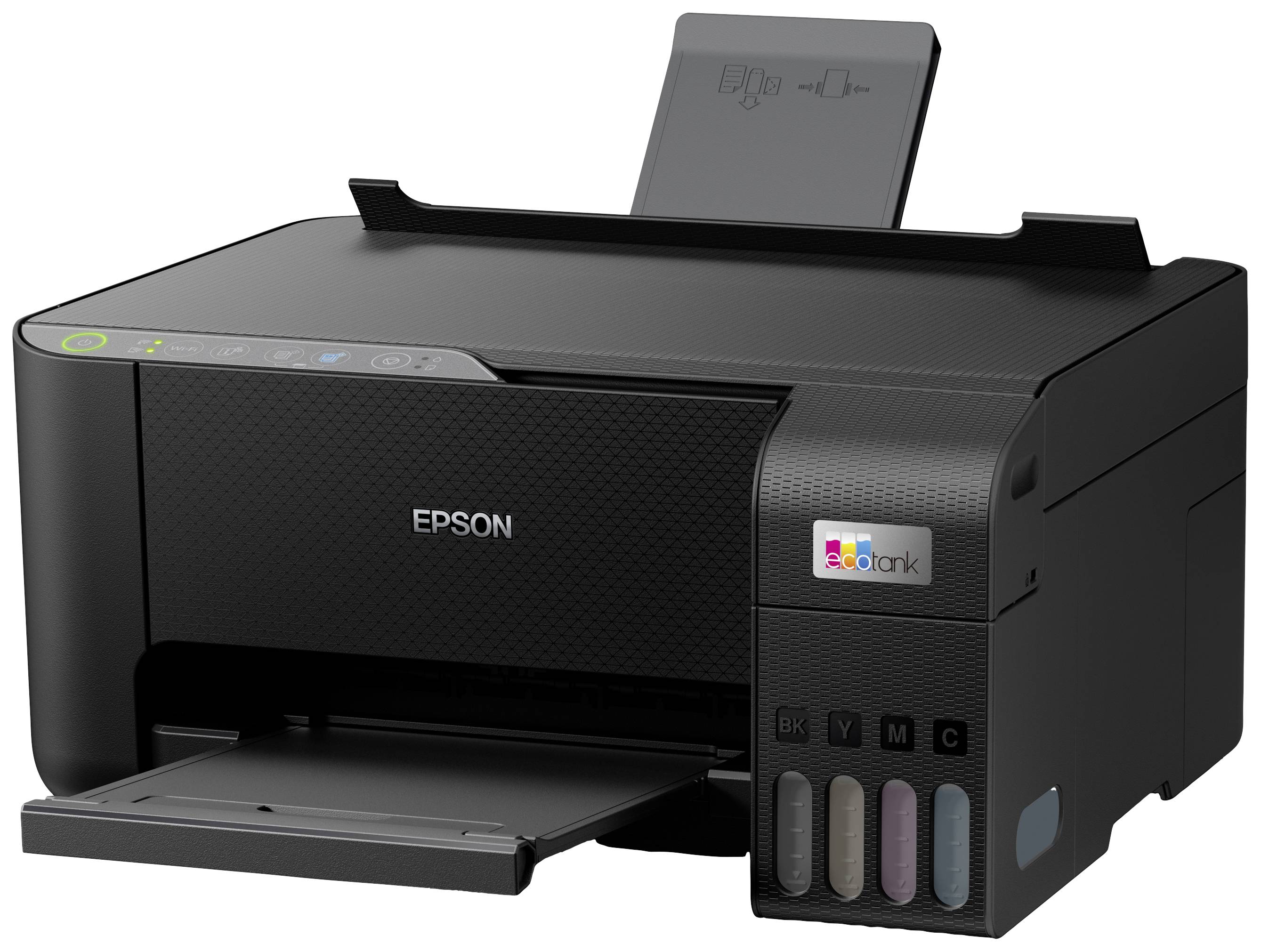 Un imprimante noir Epson avec réservoir d'encre, deux bacs à papier et des commandes sur le dessus.