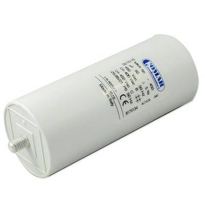 Condensateur électrique cylindrique blanc avec spécifications techniques et connexions.