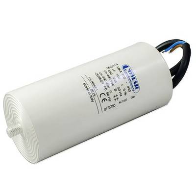 Un condensateur cylindrique blanc avec des spécifications techniques sur le côté. Trois câbles dépassent du dessus.