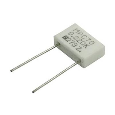 Un résisteur électronique blanc avec deux bornes métalliques. Sur le résisteur est inscrit : « MPC70 0,22ΩK 273Z ».