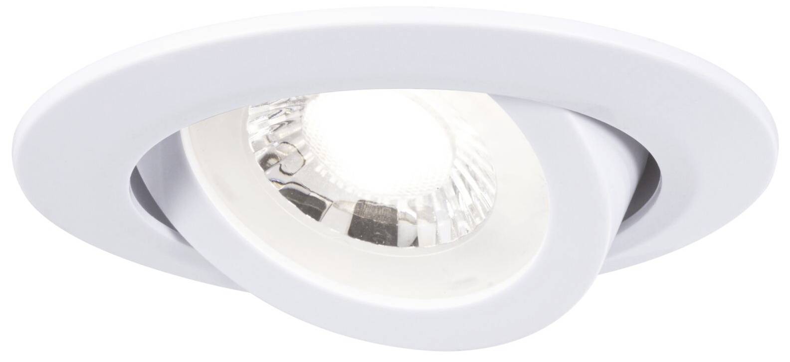 Un luminaire encastrable blanc, orientable, avec un cadre rond, offrant un éclairage projeté vers le bas.