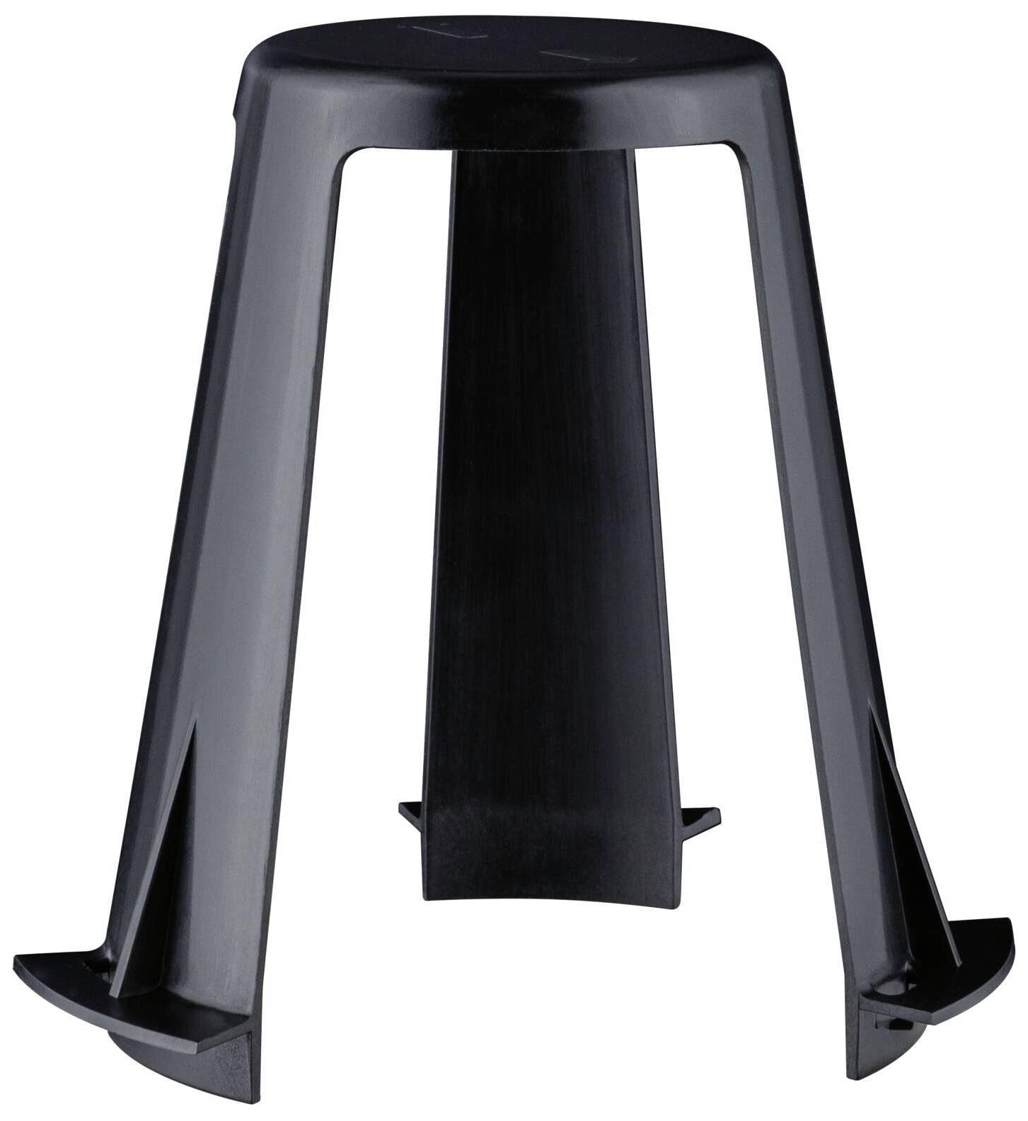 Tabouret noir, moderne et en plastique avec trois pieds larges.