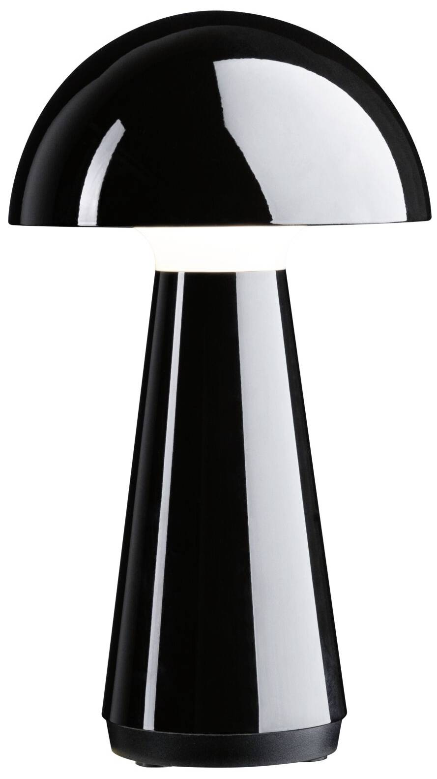 Une lampe champignon noire au fini brillant diffuse une lumière douce. Idéale pour un design intérieur moderne.