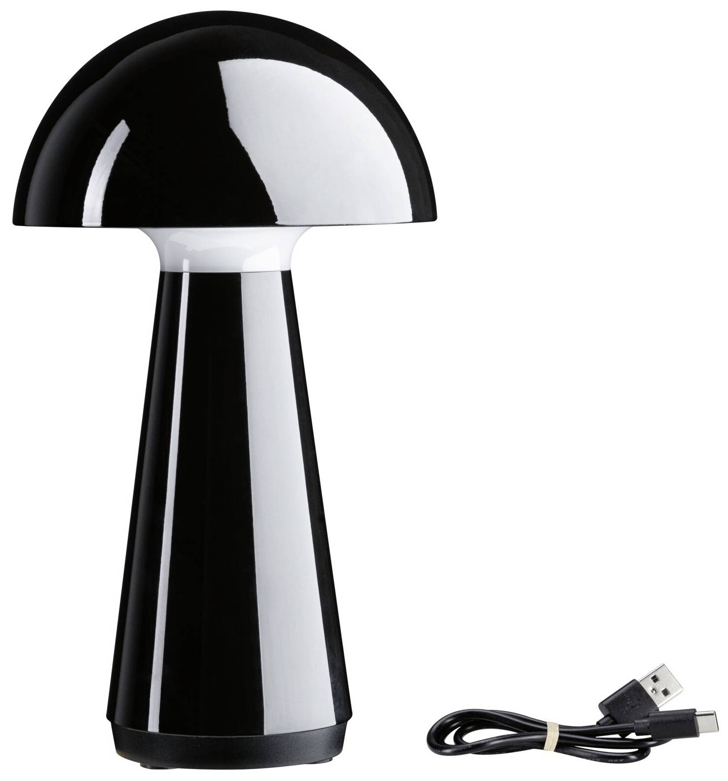 Une lampe de table noire en forme de champignon à côté d'un câble USB.