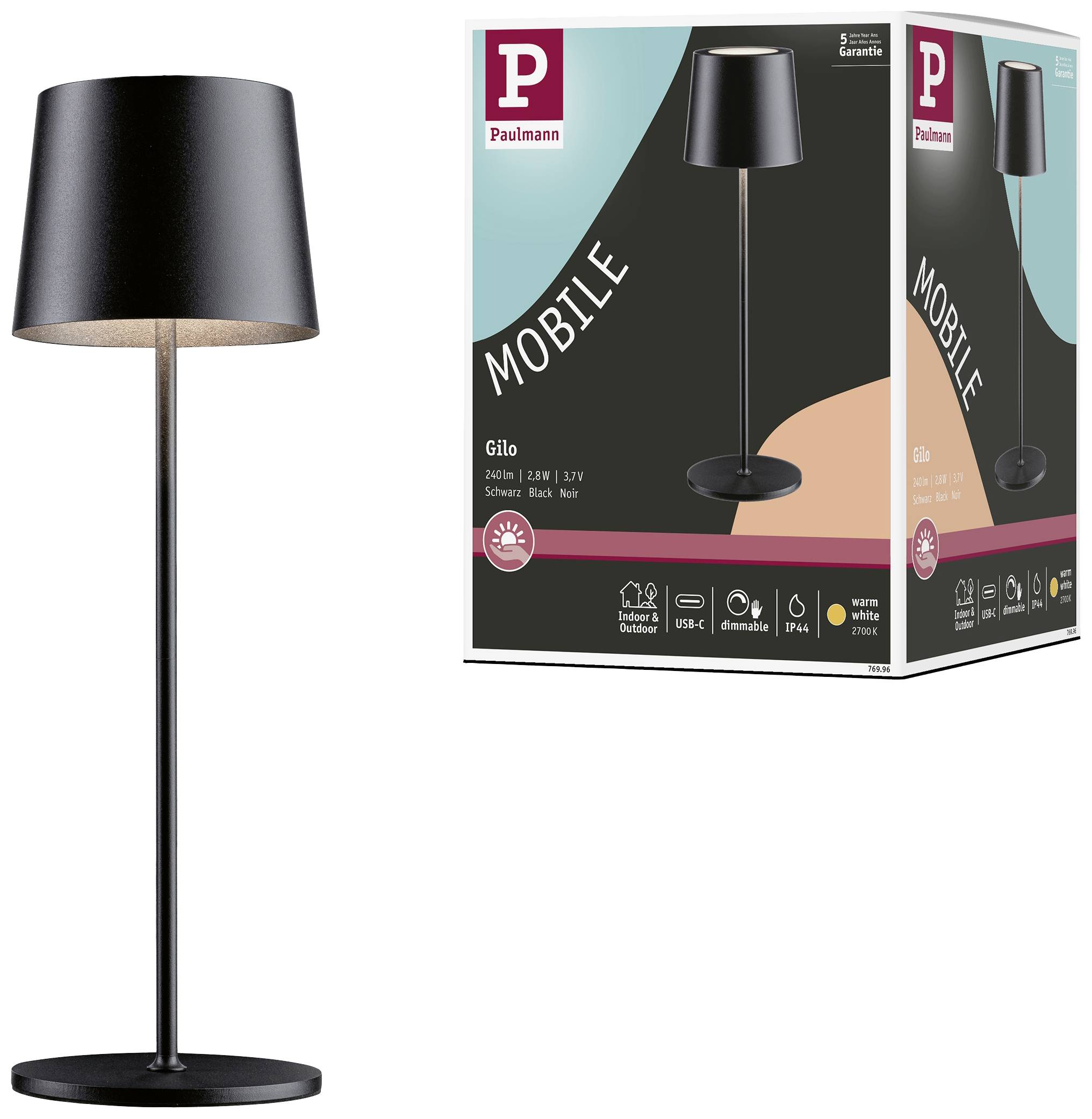 Lampadaire noir Paulmann Gilo, illustré à côté de son emballage avec les détails du produit et l'étiquette 'MOBILE'.