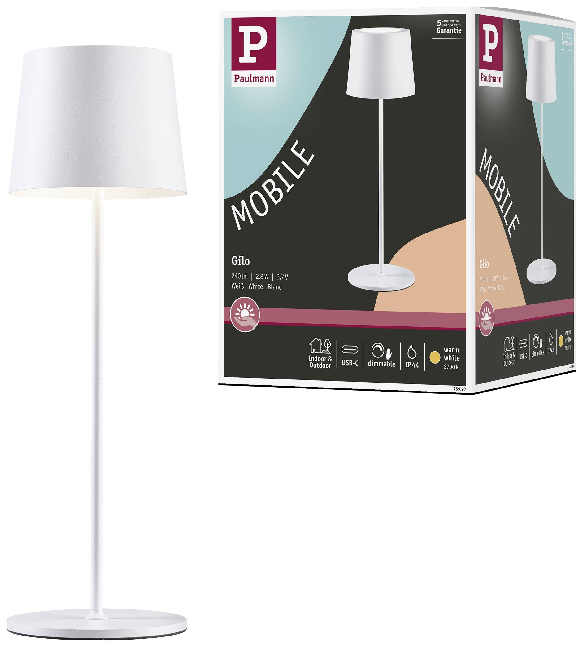 Lampadaire blanc et élancé avec abat-jour cylindrique. L'emballage présente la lampe et ses caractéristiques : Modèle 'Gilo', LED, 2,2W, 2700K, adapté pour l'intérieur et l'extérieur.