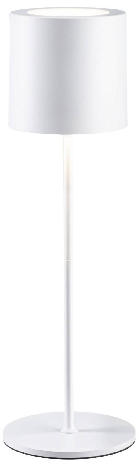 Lampadaire blanc élancé avec abat-jour cylindrique et base ronde, design moderne.