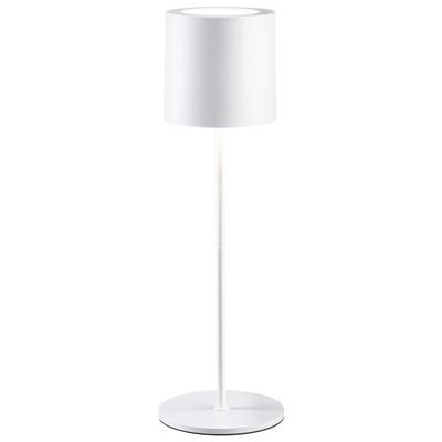 Lampadaire blanc élancé avec abat-jour cylindrique et base ronde, design moderne.