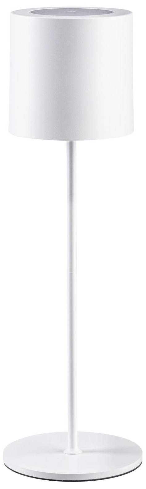 Lampadaire blanc au design épuré avec un abat-jour rond.