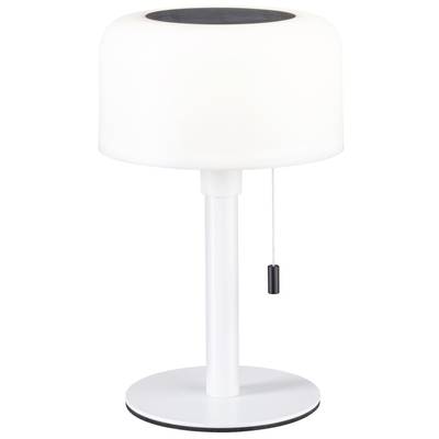 Une lampe de table blanche à abat-jour rond, interrupteur à tirette et tige droite sur socle circulaire. Idéale pour un intérieur moderne.
