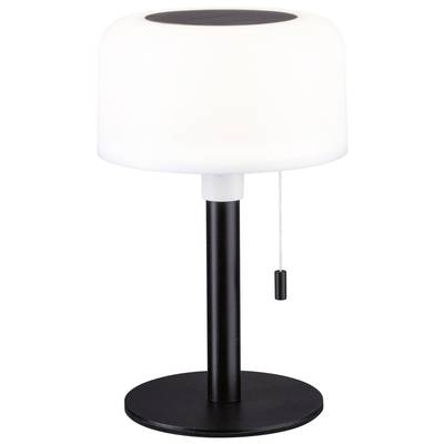 Lampe de table avec un abat-jour blanc cylindrique et un pied noir. La lampe est équipée d'une chaîne de commande.