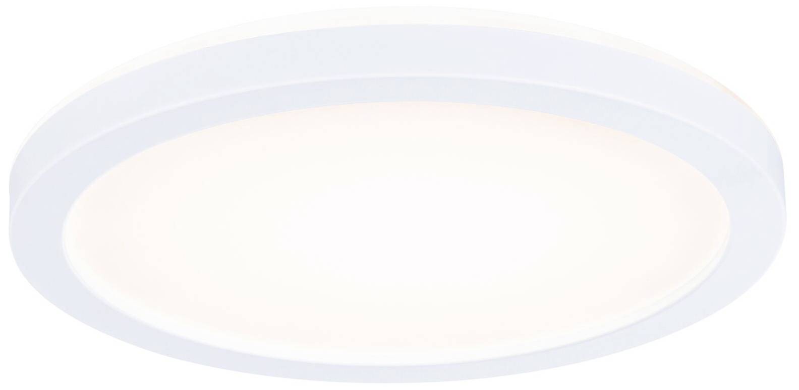 Plafonnier LED blanc rond avec éclairage intégré, diffusant une lumière douce. Idéal pour les espaces intérieurs modernes.