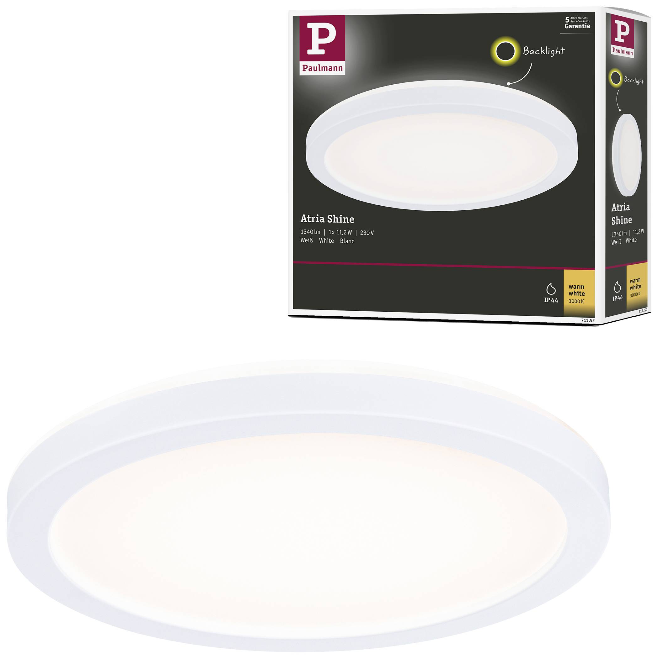 Plafonnier LED rond avec éclairage blanc chaud et rétroéclairage supplémentaire. L'emballage présente les informations du produit et le logo de la marque.