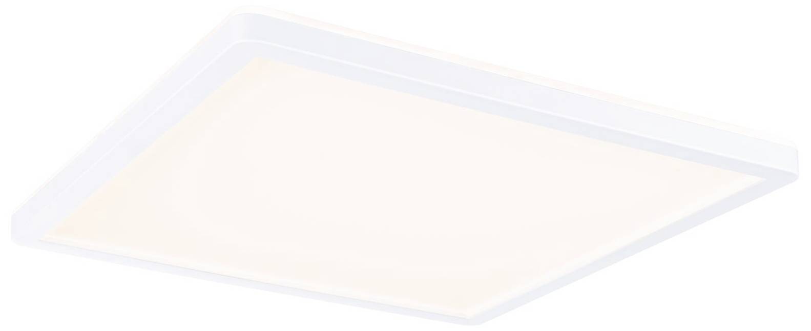 Plafonnier LED carré au cadre blanc, diffusant une lumière blanche chaude uniforme, idéal pour les espaces intérieurs modernes.