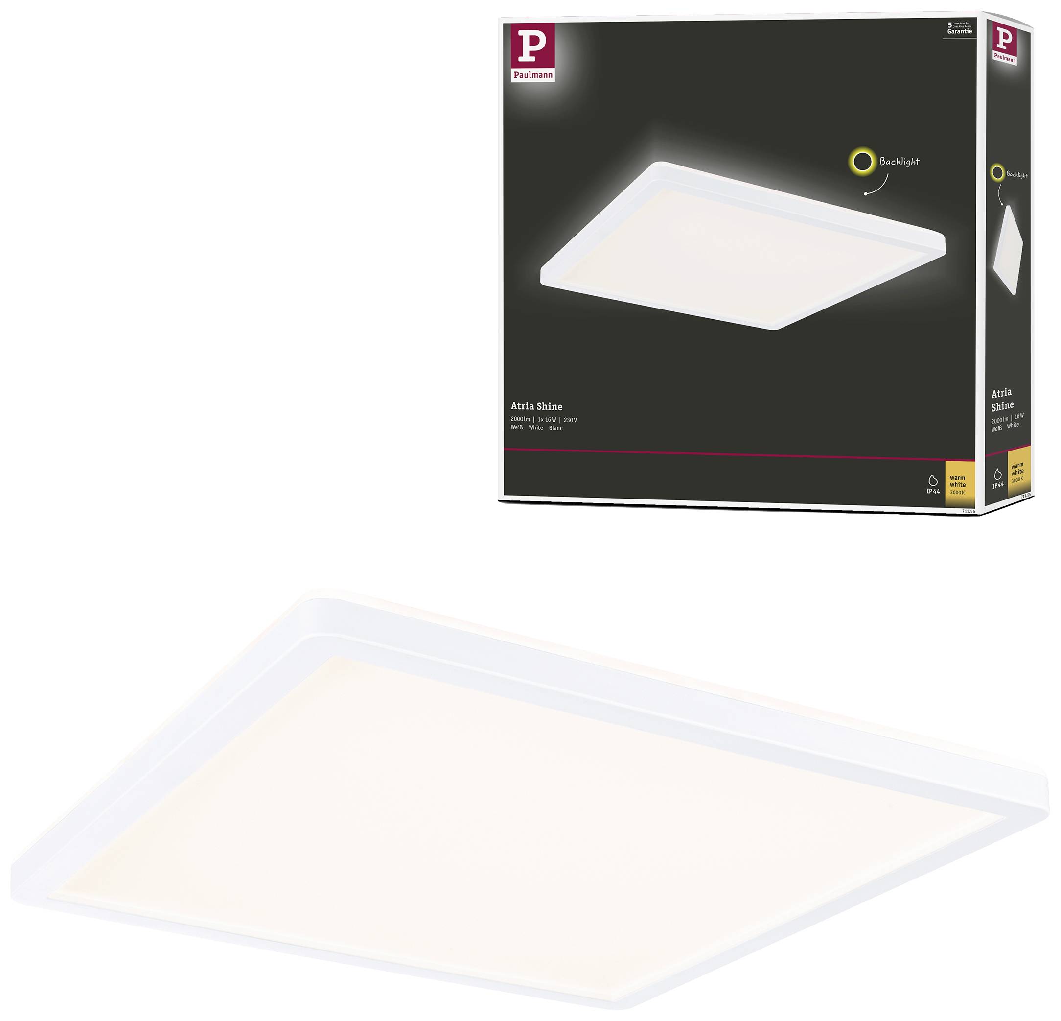 Plafonnier LED carré en blanc, représenté sur un emballage. Texte sur l'emballage : 'Backlight'