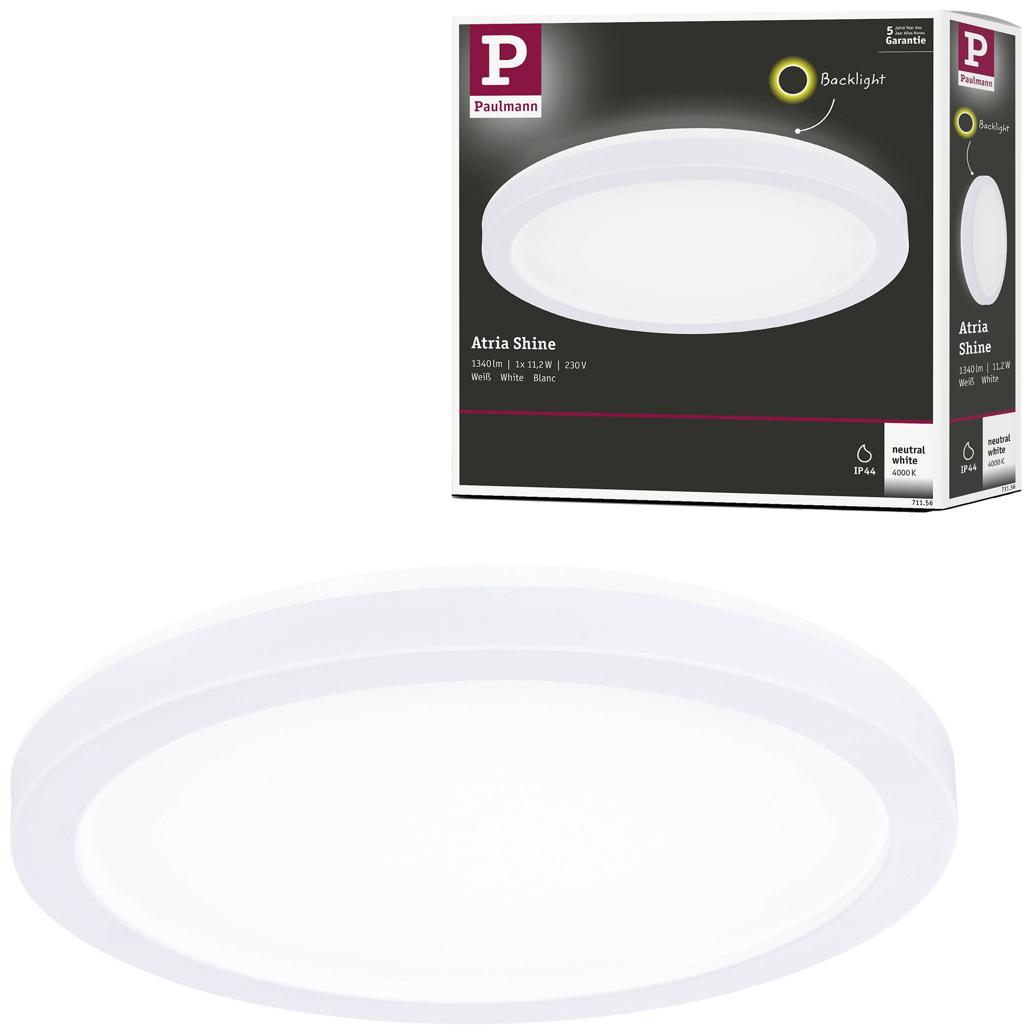 Plafonnier LED rond 'Atria Shine' de Paulmann avec rétroéclairage, présenté avec son emballage et directement sans emballage.