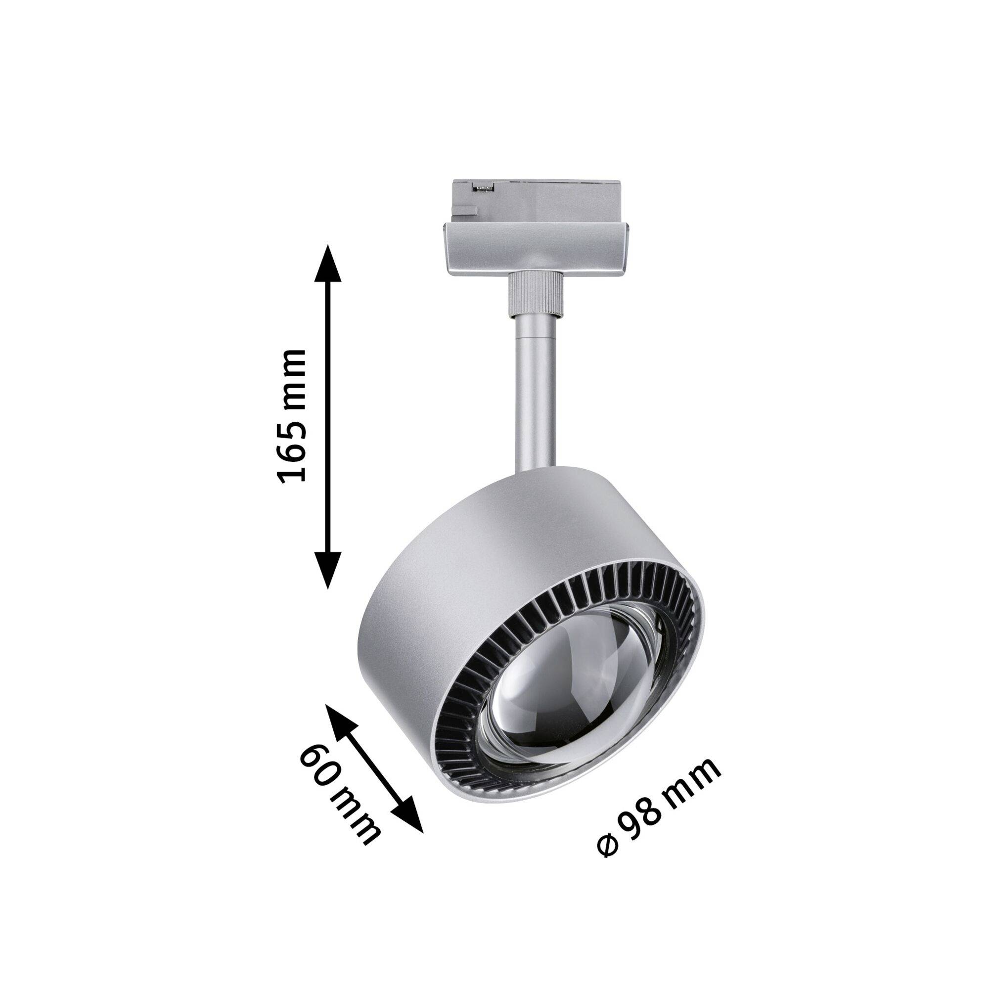 Projecteur LED argenté avec une longueur totale de 165 mm, un diamètre de tête de 98 mm et un diamètre de col de 60 mm.