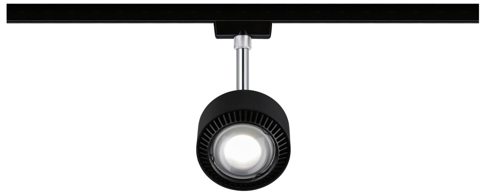 Un spot noir fixé sur un rail, dirigé vers le bas. Idéal pour accentuer les espaces intérieurs.