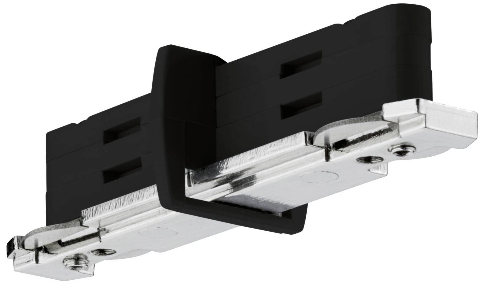 Composant en plastique noir avec des éléments métalliques argentés, utilisé pour des connexions électriques ou des supports mécaniques.