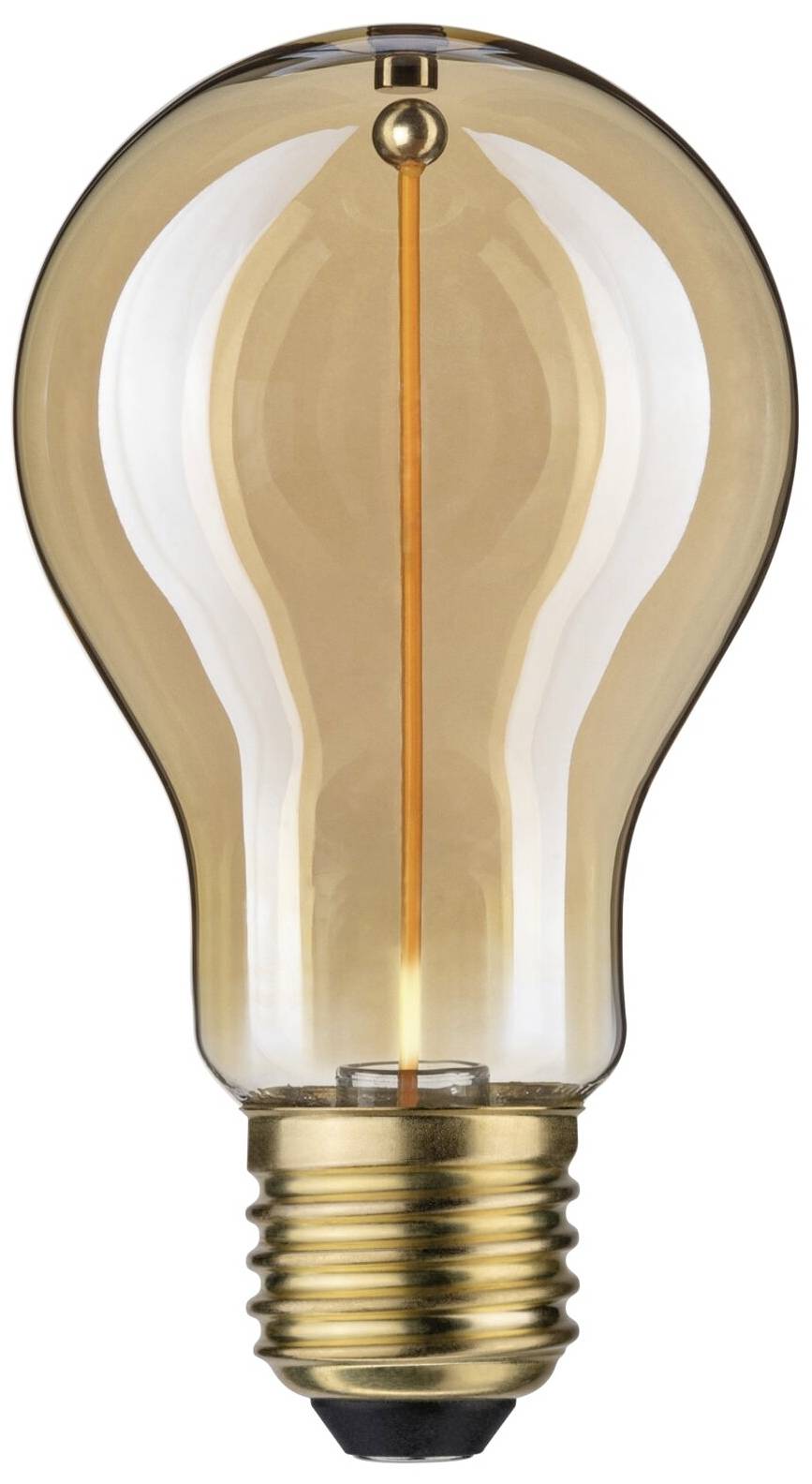 Ampoule à la lumière chaude et dorée. Elle présente une forme standard et un socle en laiton, adaptée à l'éclairage décoratif.