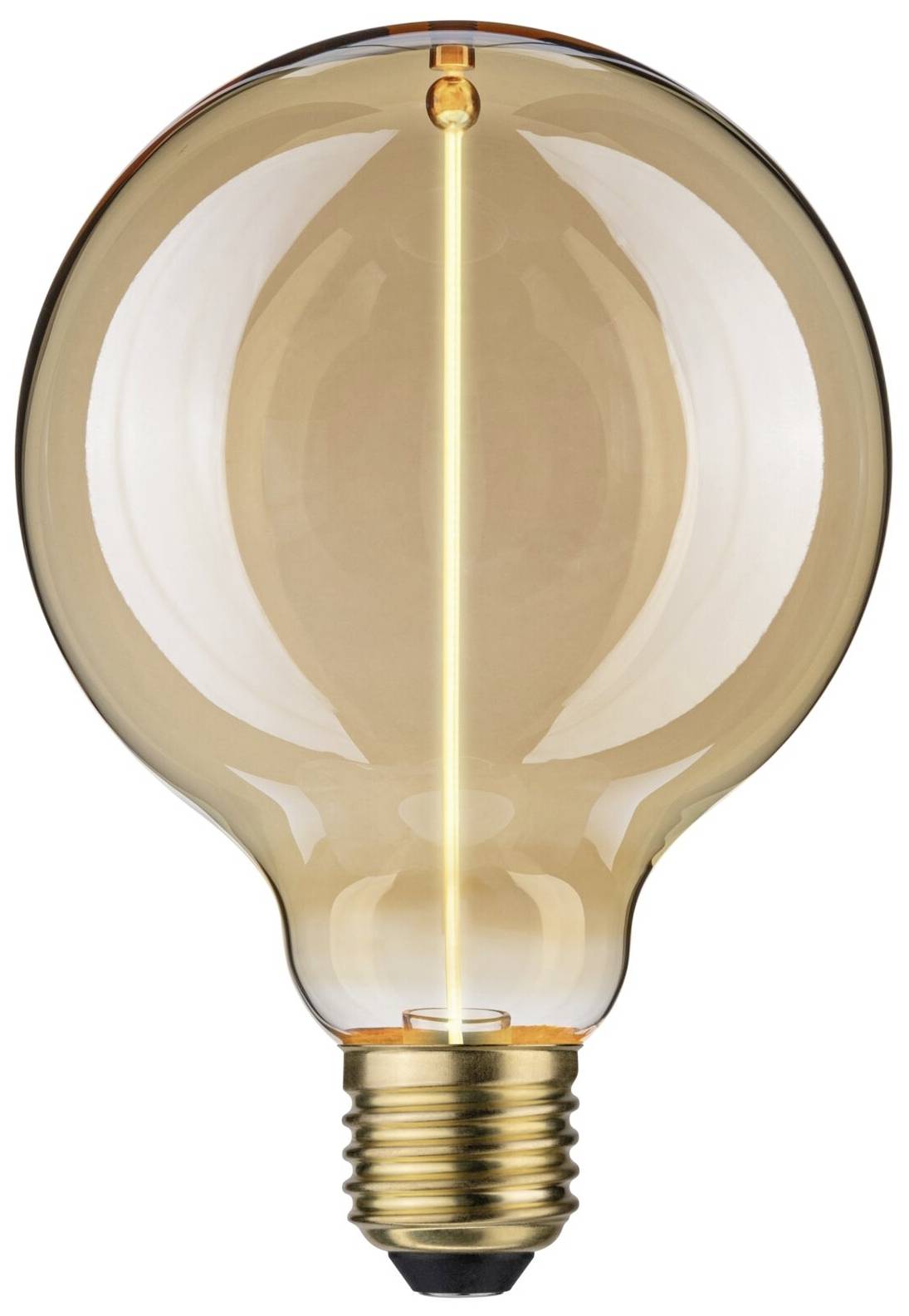 Une ampoule en verre doré qui est allumée et diffuse une lumière chaleureuse.