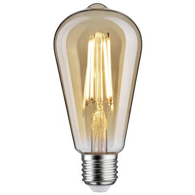Ampoule à filament apparent, allumée, produisant une lumière chaude et jaunâtre. Style vintage, forme classique Edison.