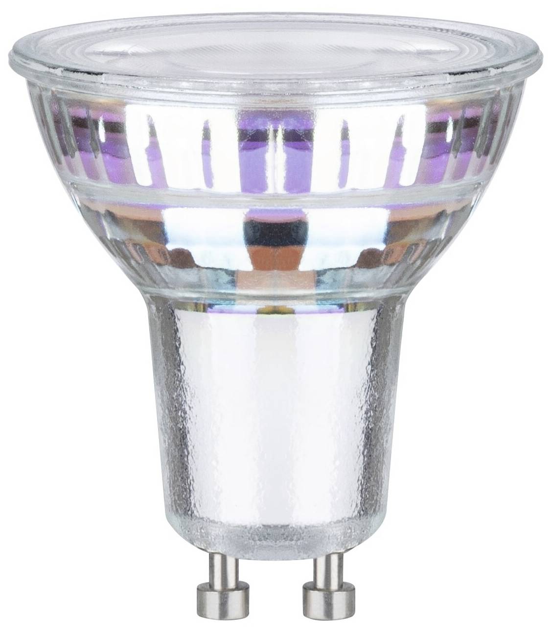 Une ampoule LED argentée à culot GU10, adaptée pour un éclairage économe en énergie.