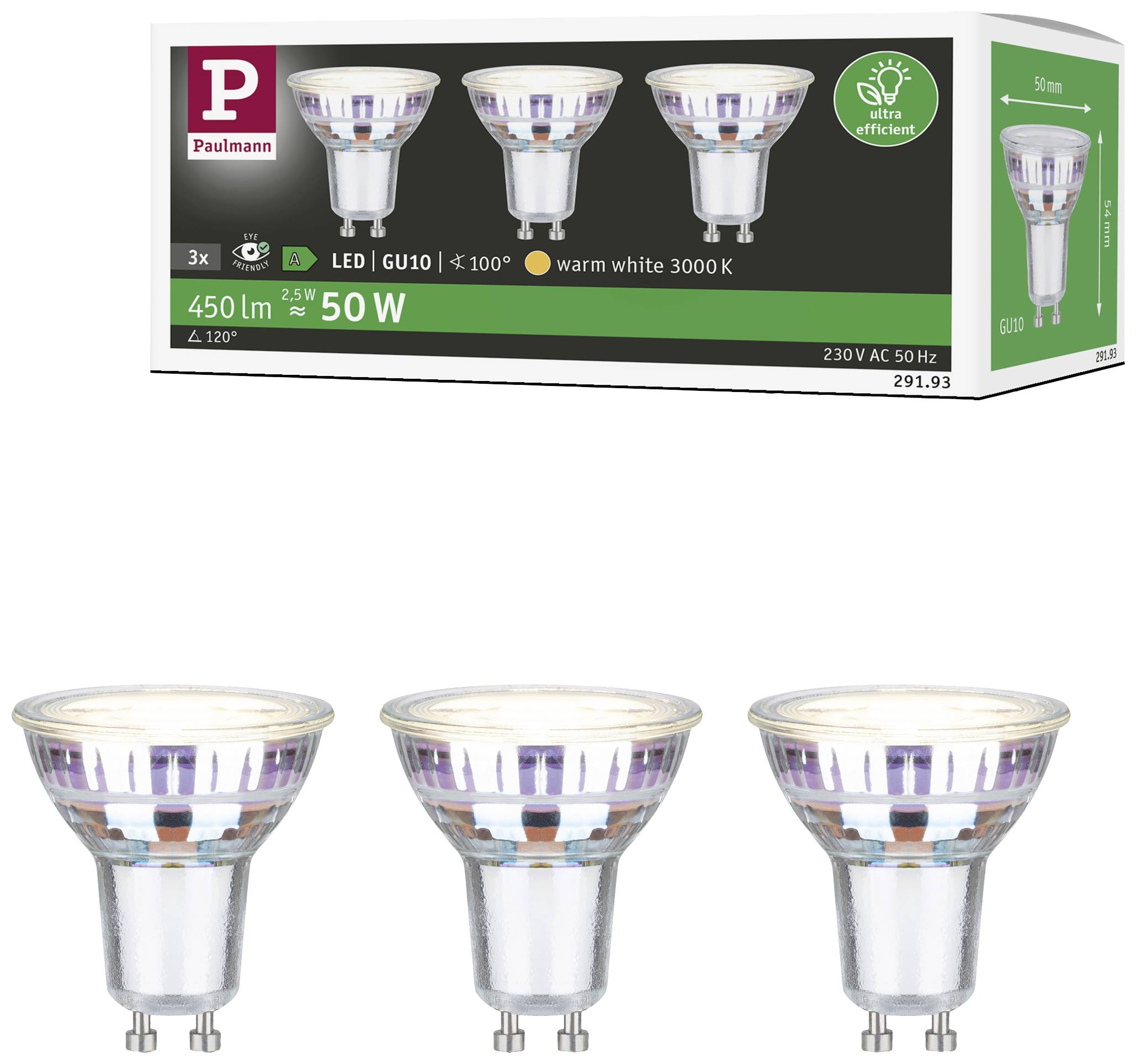 Trois ampoules LED dans un emballage. Détails : LED | GU10 | blanc chaud 3000K | 450 lumens | 50 watts | économie d'énergie | 230V AC 50 Hz.