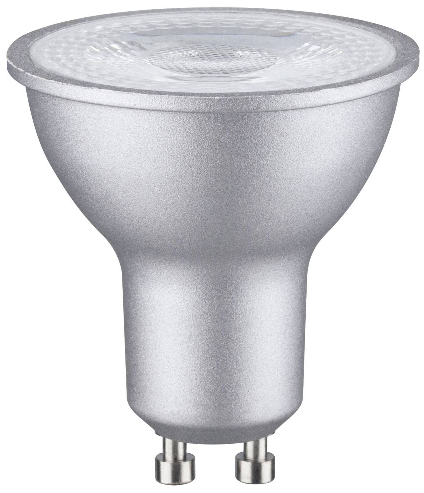 Une ampoule LED argentée à culot GU10. Elle possède une surface réfléchissante pour la production de lumière, adaptée à l'éclairage spot.