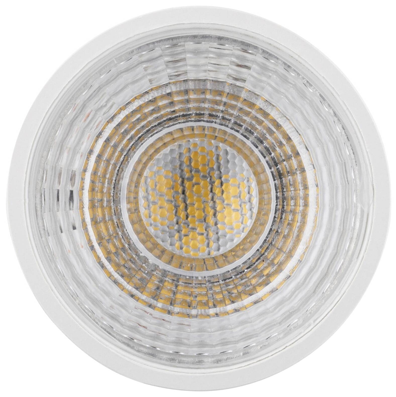 Une lampe LED ronde avec du verre transparent texturé et un motif orange au centre.