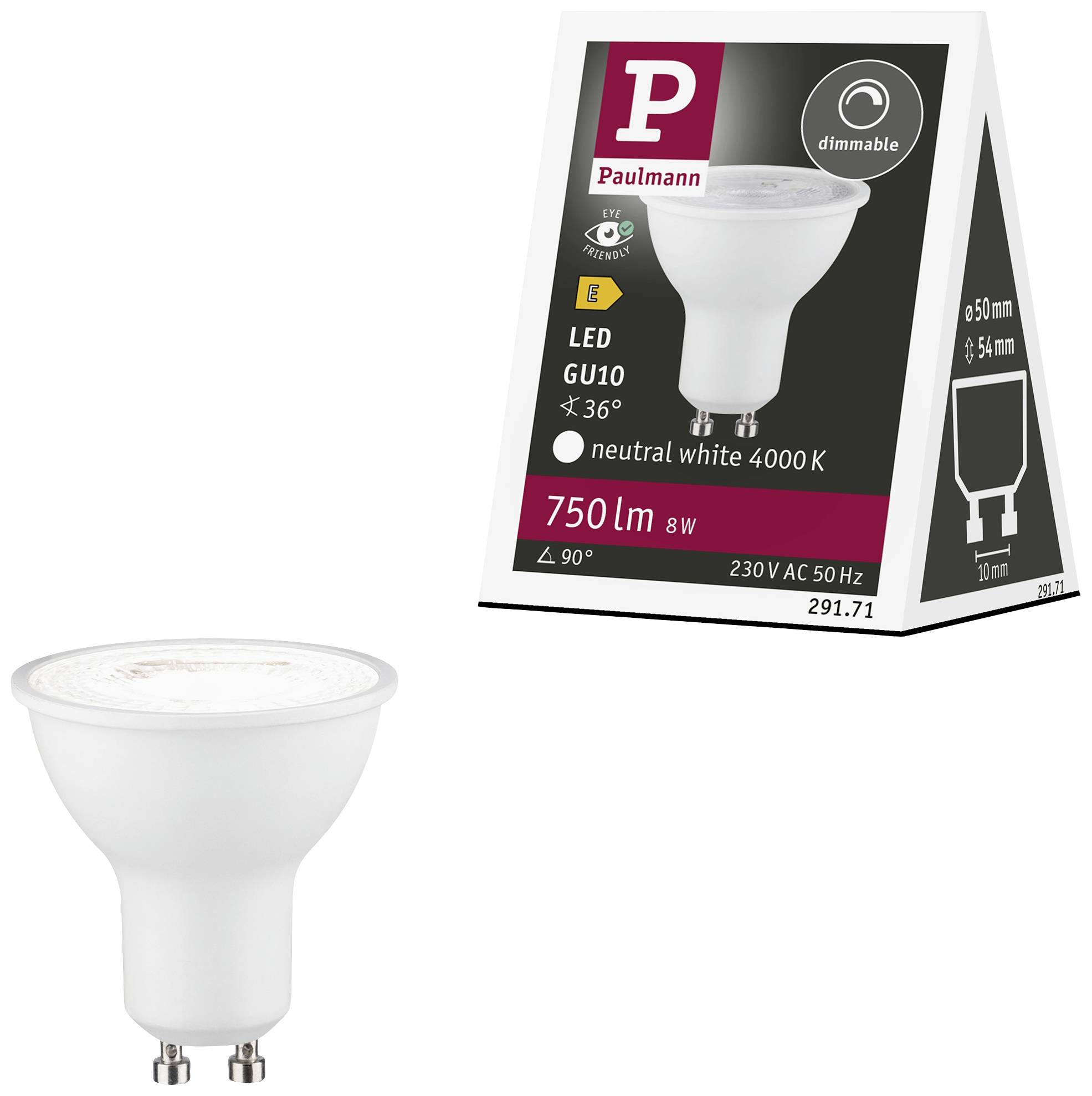Ampoule LED GU10 avec emballage. Classe énergétique F, 750 lumens, 8W, blanc neutre 4000K, dimmable. Dimensions : 50 mm de diamètre, 54 mm de hauteur.