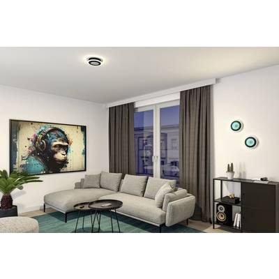 Salon avec un aménagement moderne : canapé gris, table basse, tableau mural représentant un singe avec des écouteurs, lampadaire, fenêtre avec des rideaux épais.