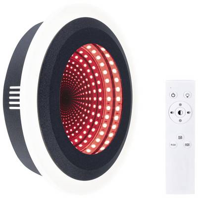 Un effet lumineux LED noir et rond avec un anneau lumineux circulaire rouge. À côté se trouve une télécommande blanche avec plusieurs touches.