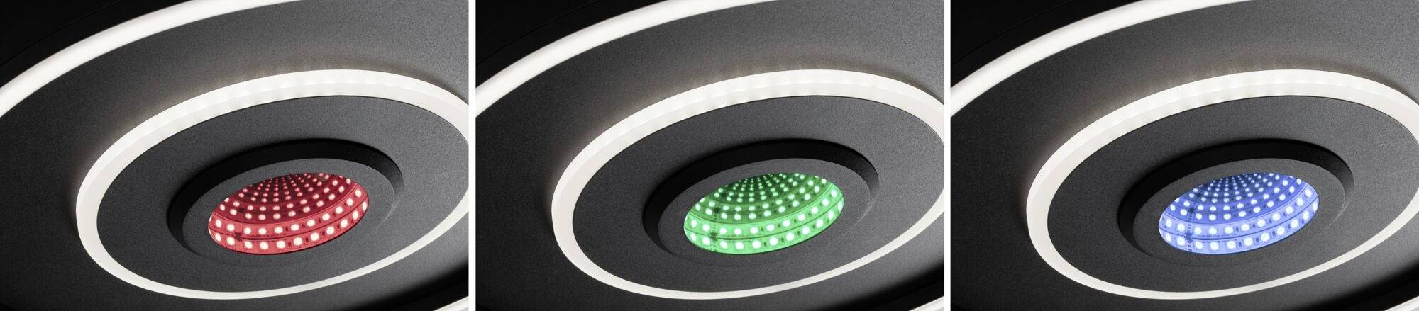 Trois images d'un luminaire avec des cercles de lumière LED colorés : Rouge, Vert et Bleu. Les prises de vue présentent l'éclairage dans différentes couleurs.