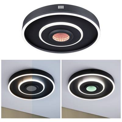Plafonnier au design rond et moderne. La vue de dessus montre trois anneaux, l'anneau intérieur s'illuminant en rouge, celui de droite en vert.