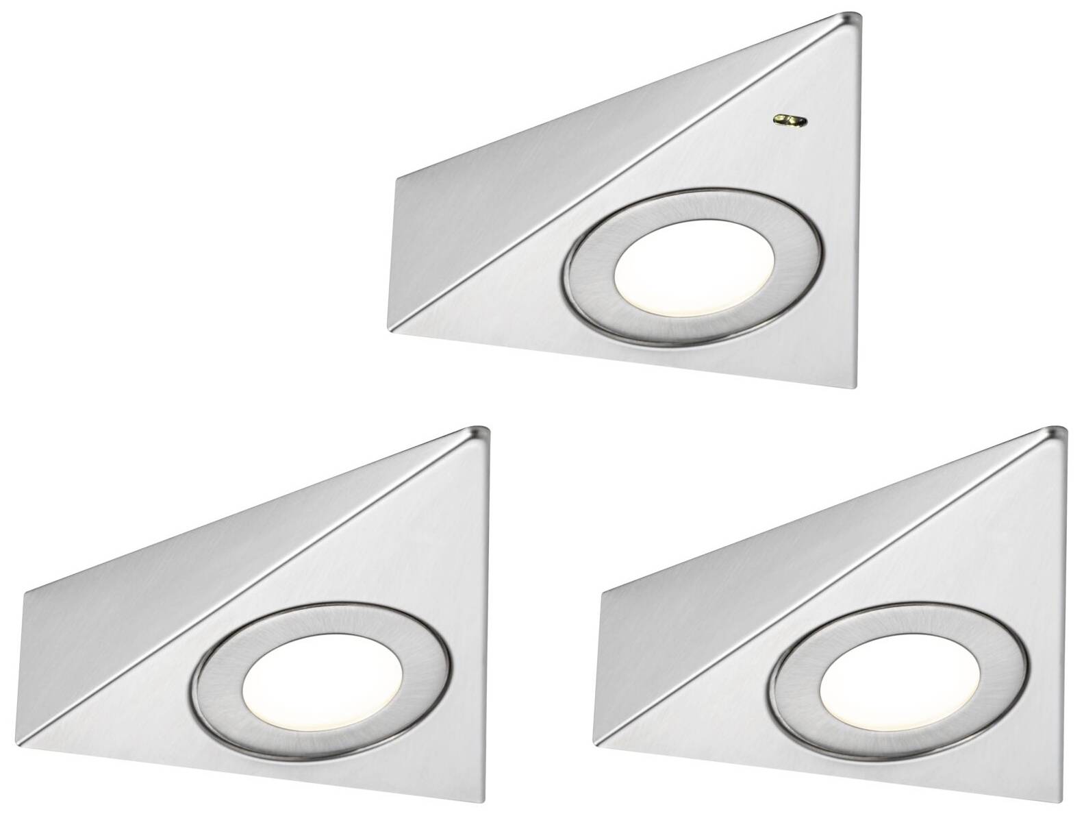 Trois luminaires LED triangulaires de style métallique, disposés en motif triangulaire. Idéaux pour l'éclairage sous les meubles de cuisine.