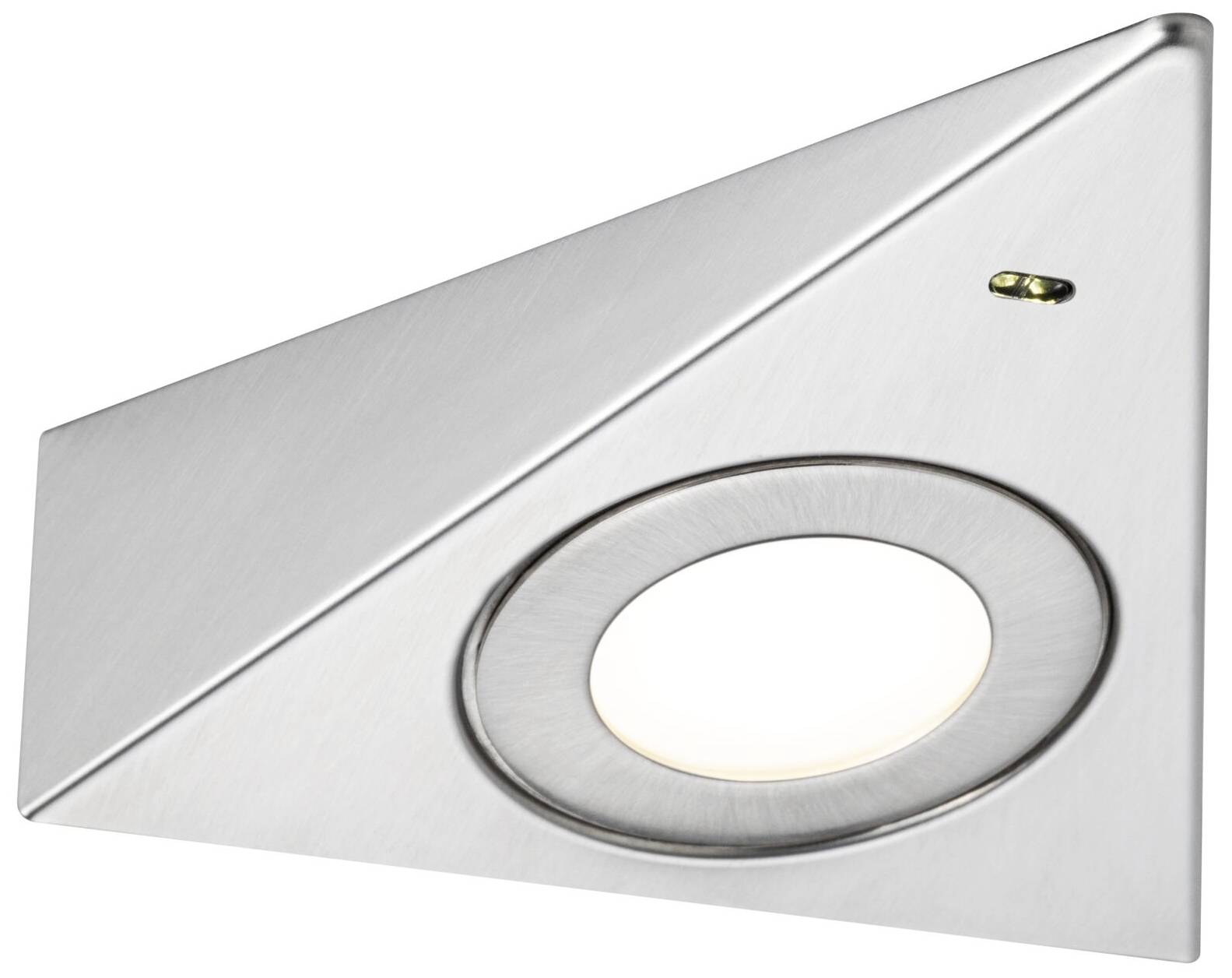 Luminaire LED triangulaire argenté en applique, avec un accent sur le point lumineux central. Forme moderne et minimaliste.