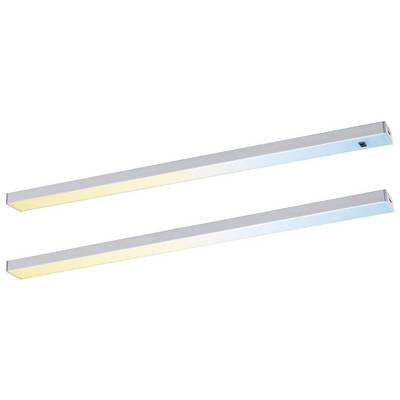 Deux luminaires LED linéaires côte à côte, émettant une lueur jaunâtre en haut et bleuâtre en bas. Les deux sont rectangulaires et disposent d'un interrupteur.