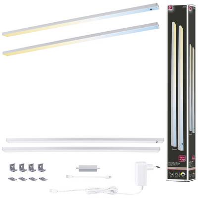 Deux barres lumineuses à LED avec lumière chaude et froide, accessoires de montage, câble et alimentation, l'emballage présente l'image du produit et ses spécifications.