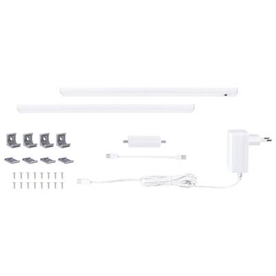 Ensemble d'éclairage comprenant deux barres LED, six clips de fixation, des vis, un câble de connexion, un adaptateur et un transformateur.