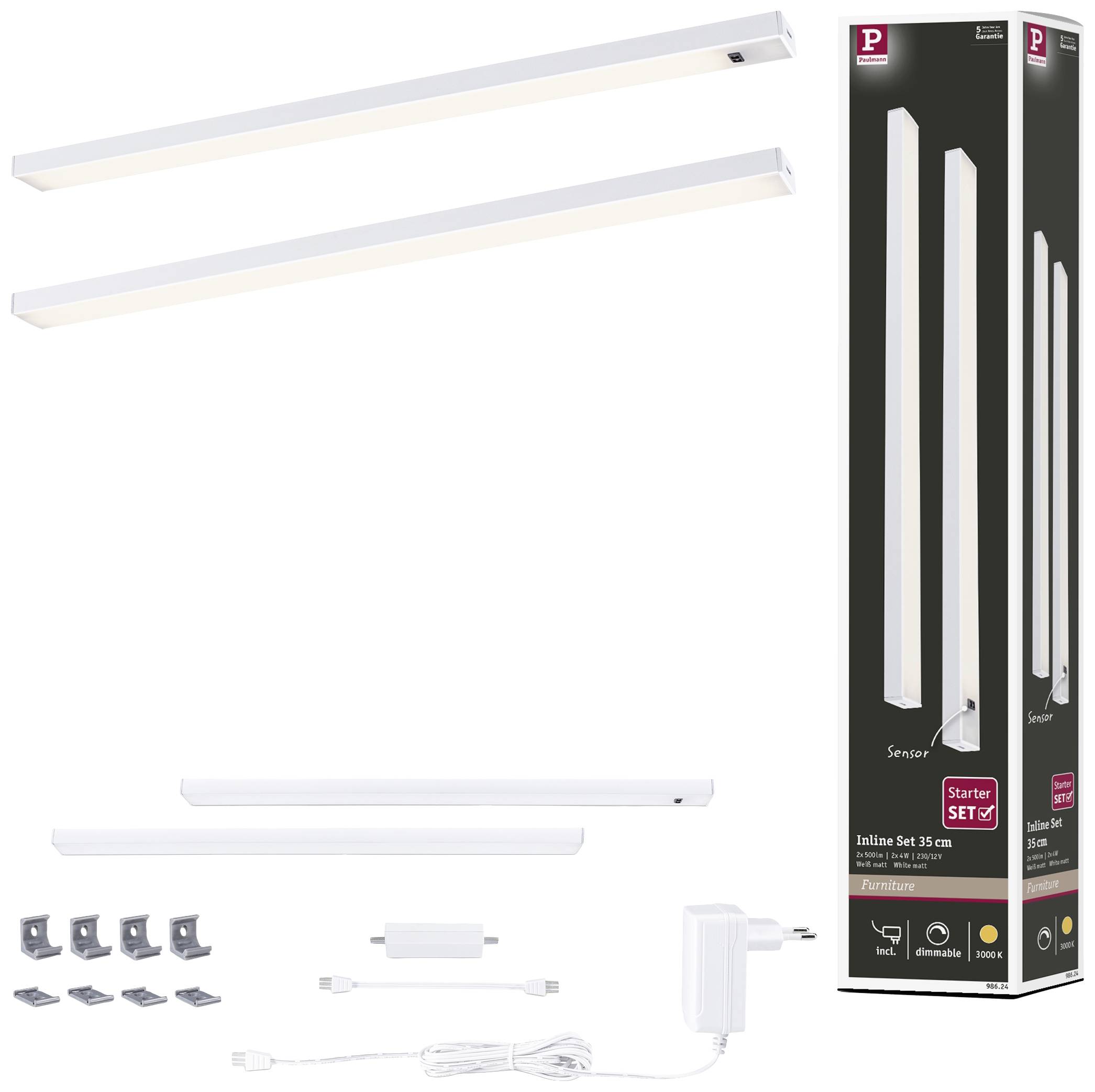 Kit d'éclairage LED comprenant deux lampes longues, alimentation électrique, supports de fixation et emballage. Fonctions de capteur et de variateur de luminosité incluses.